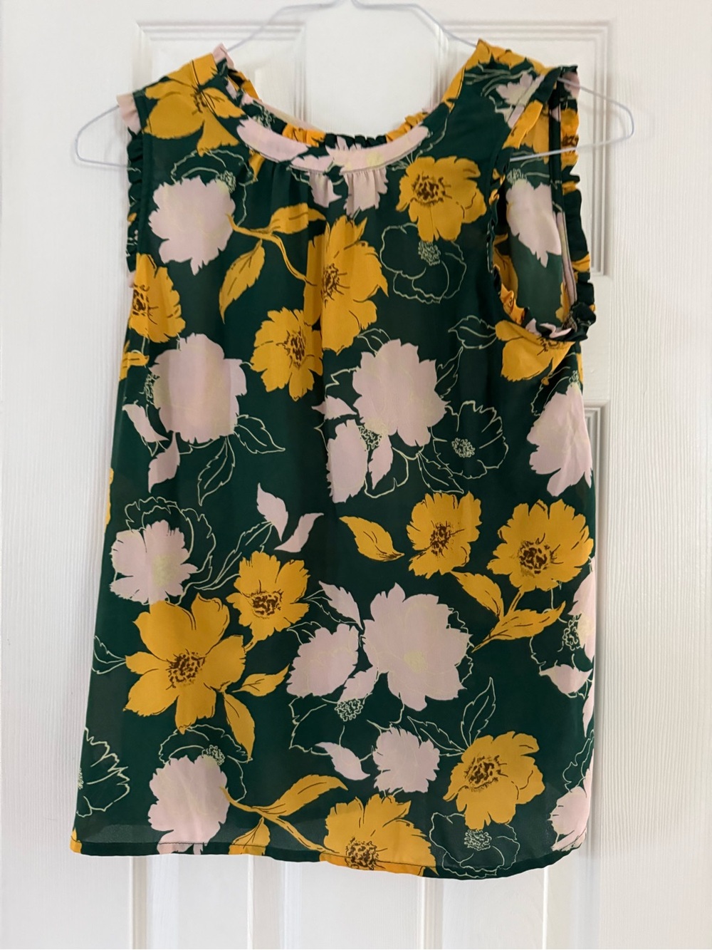 Gibson Green Floral Top with Yellow & Pink Accents